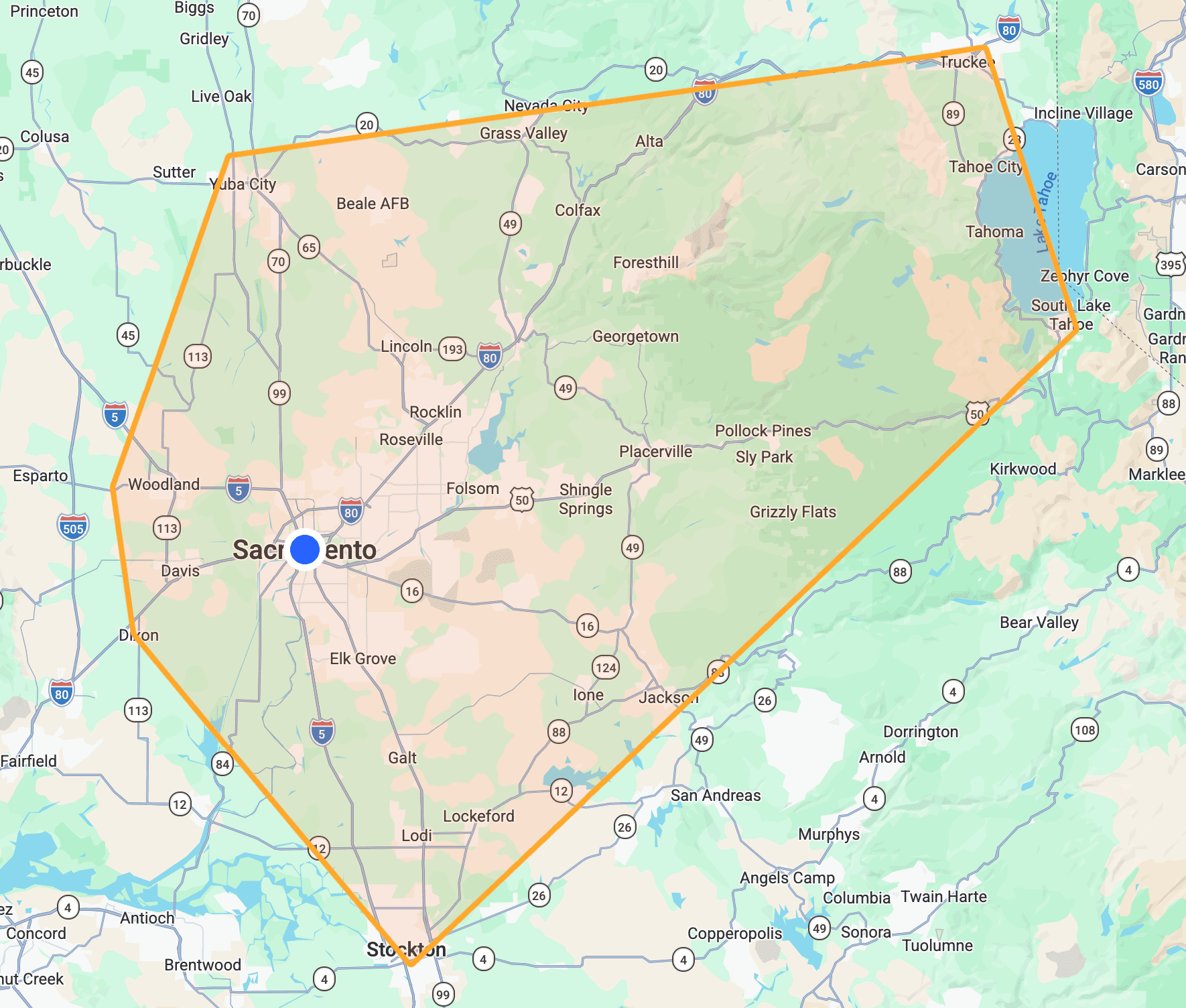 Map of the Sacramento area with our service boundary drawn from Yuba City to Truckee, Lake Tahoe, Stockton and Dixon